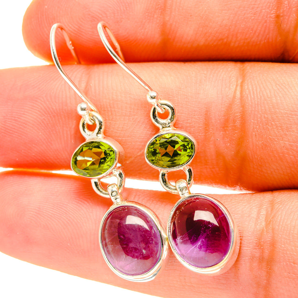 Amethyst and peridot dangle earrings in 925 sterling silver, green and purple oval stones