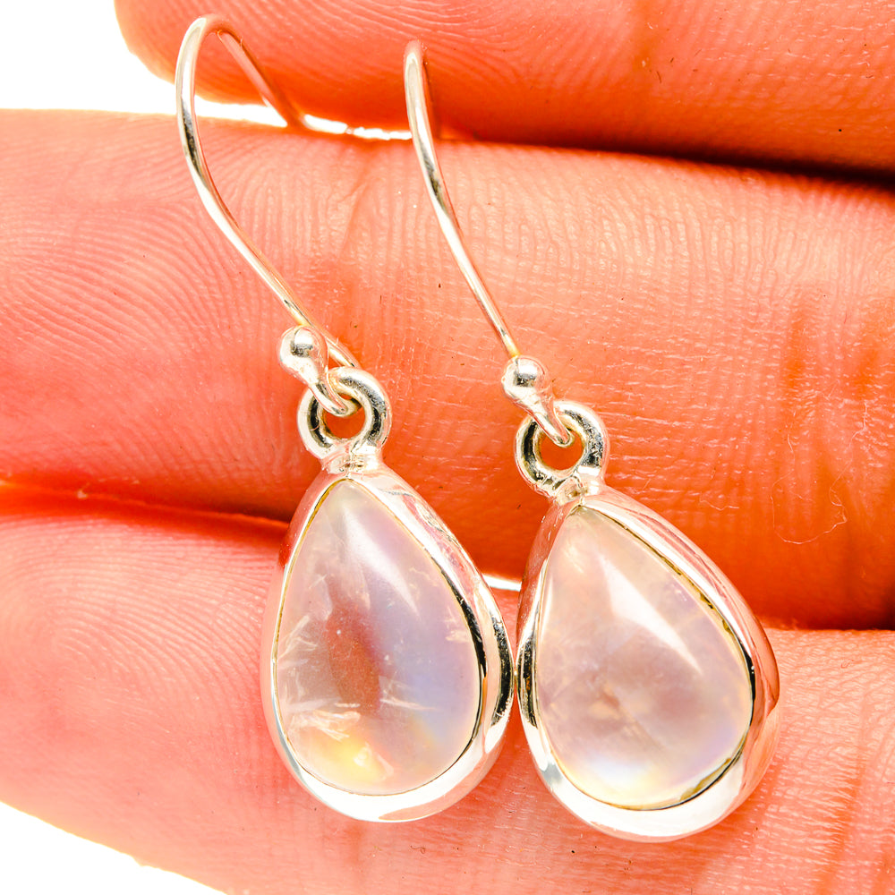 Sterling silver moonstone teardrop drop earrings, iridescent pale rainbow glow