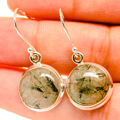 Round tourmalinated quartz drop earrings with 925 silver hooks and green-gold crystal threads