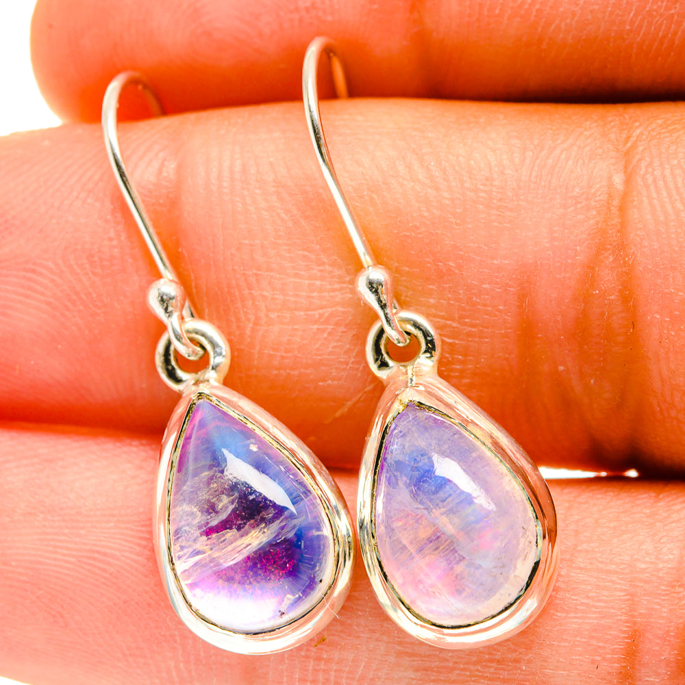 Teardrop moonstone earrings in silver-tone with rainbow iridescent stone, drop dangle