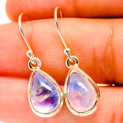 Teardrop moonstone earrings in silver-tone with rainbow iridescent stone, drop dangle