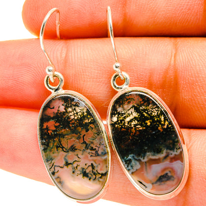 Oval moss agate drop earrings with sterling silver hooks and oval iridescent stones