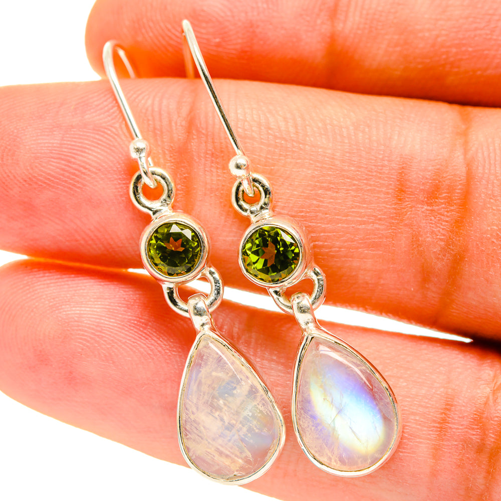 925 sterling silver earrings with peridot green round stones and moonstone teardrops