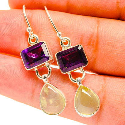 925 sterling silver earrings with purple amethyst square stones and pale green teardrop dangles