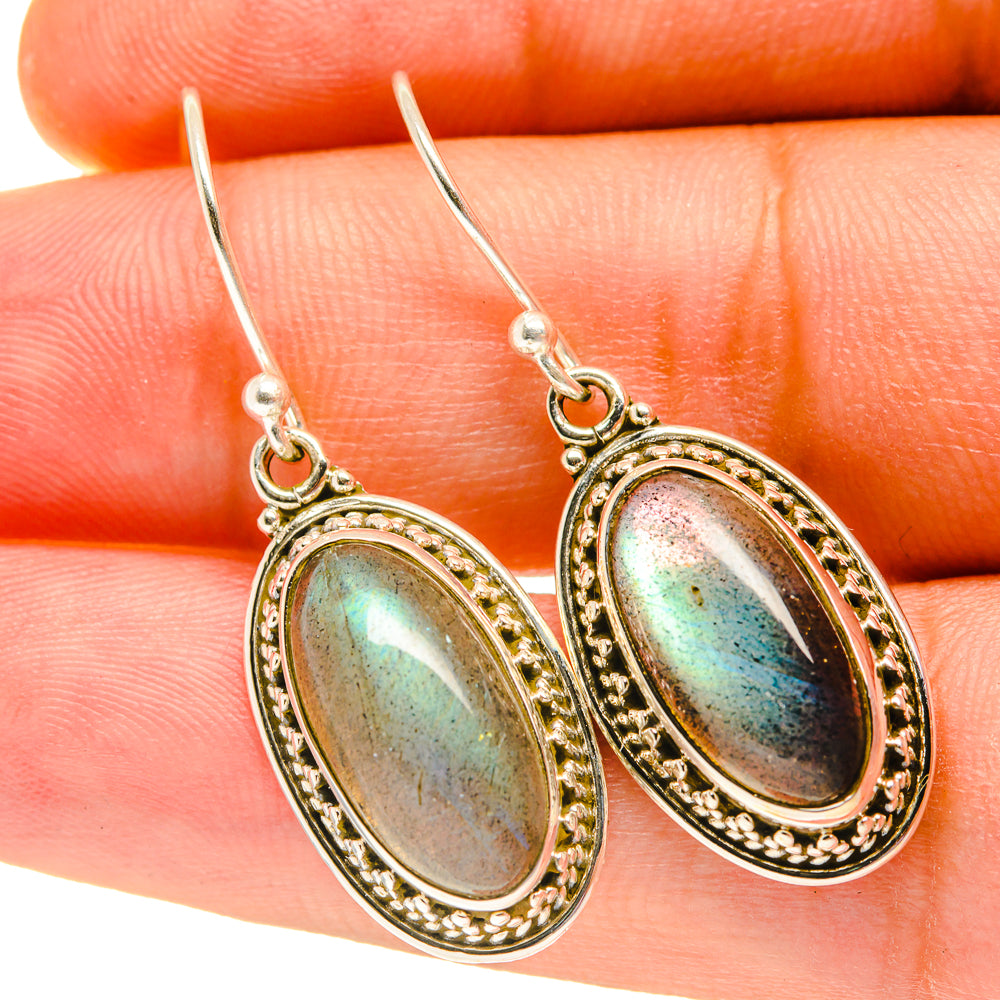 Labradorite oval drop earrings with iridescent blue-green stone, 925 sterling silver hooks