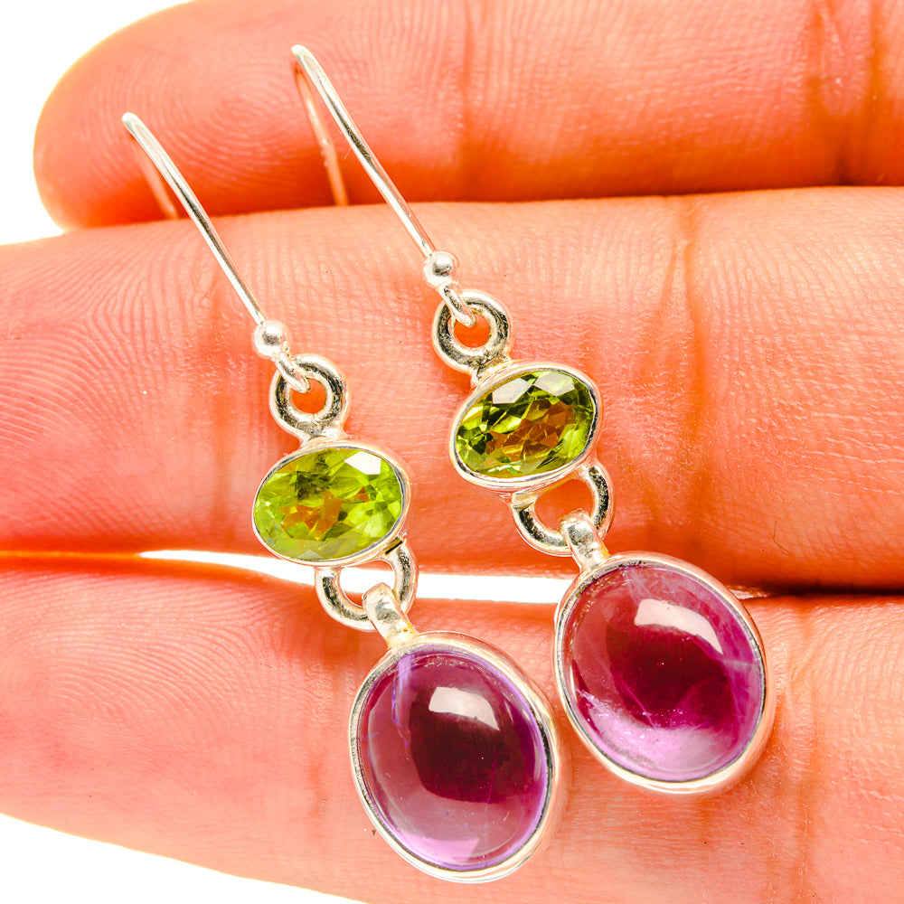 Sterling silver drop earrings with green peridot and purple amethyst stones