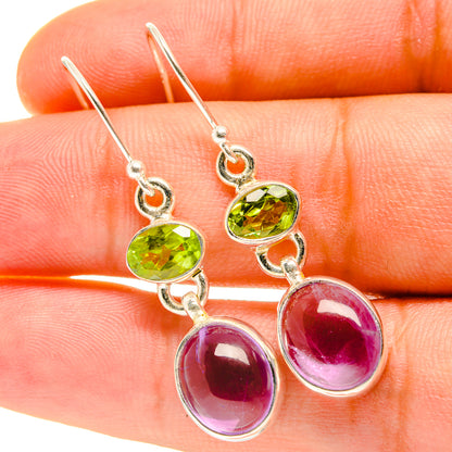 Sterling silver drop earrings with green peridot and purple amethyst stones