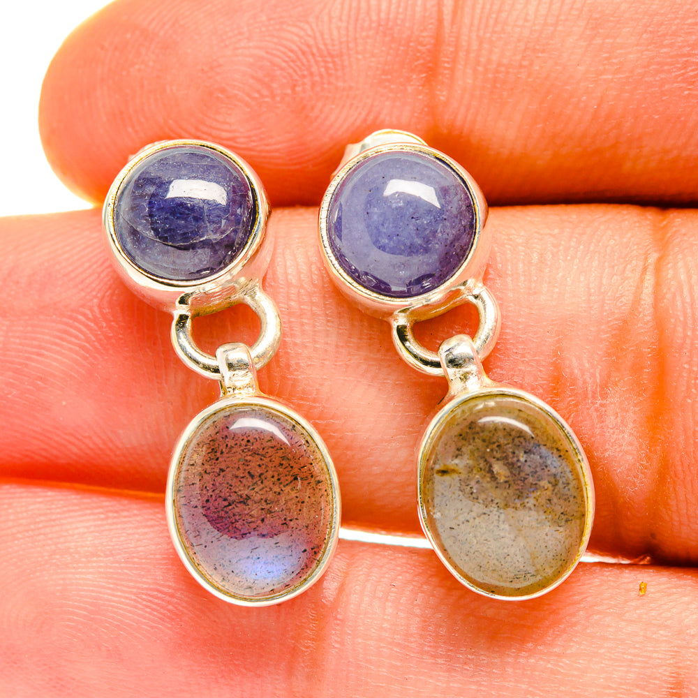 Sterling silver earrings with round tanzanite blue tops and oval labradorite drops