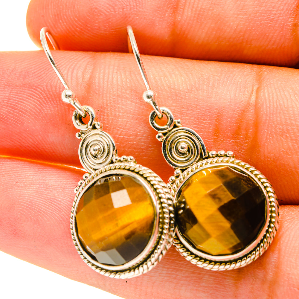 Tiger eye round drop earrings with sterling-silver filigree and teardrop hooks