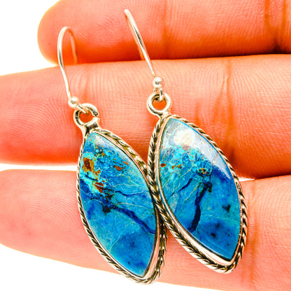 Sterling silver teardrop earrings with blue shattuckite stones and fishhook backs