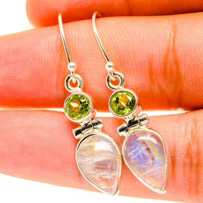 Peridot and rainbow moonstone drop earrings, 925 sterling silver hooks with round green stones