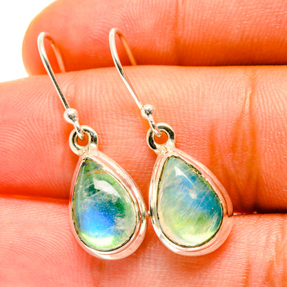 Teardrop moonstone earrings with green-blue iridescent stone and silver-tone hooks