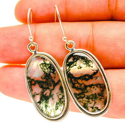 Green moss agate earrings in oval 925 sterling silver settings with dangling hooks