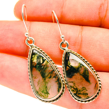 Moss agate drop earrings, green veined teardrop with silver-tone frames