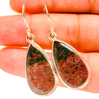 Teardrop bloodstone earrings with red-green stone teardrops in metal frames