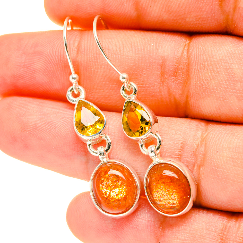 Citrine and sunstone drop earrings with amber round stones and yellow teardrop crystals, silver tone