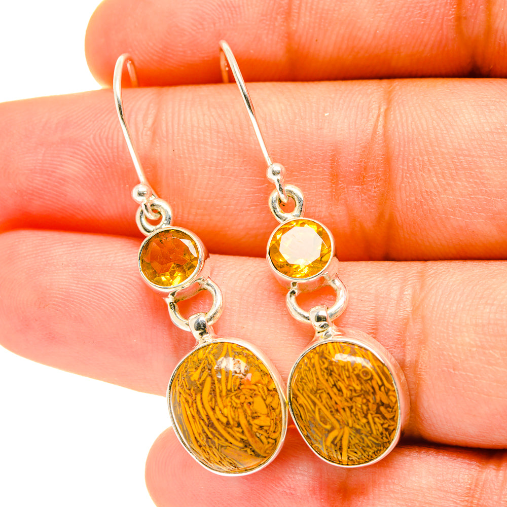 Citrine and oval palm jasper drop earrings with silver hooks, detailed swirled faces