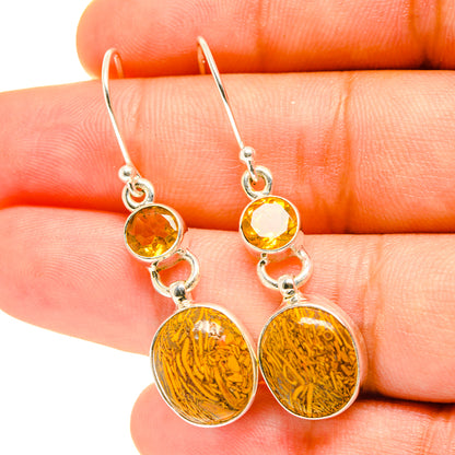 Citrine and oval palm jasper drop earrings with silver hooks, detailed swirled faces