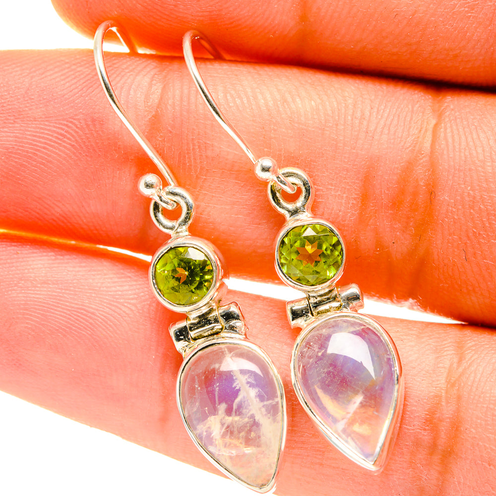 Sterling silver drop earrings with green peridot round stone and pink teardrop moonstone