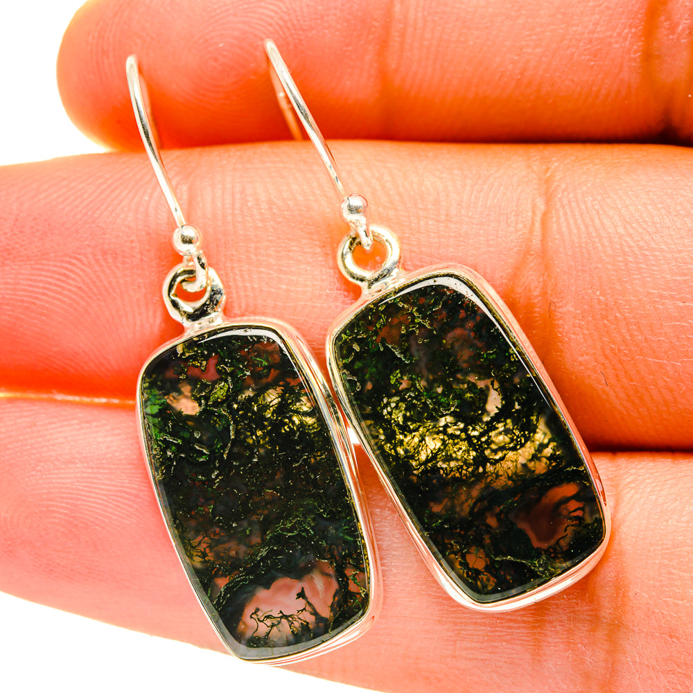 Green moss agate drop earrings in 925 sterling silver, teardrop stones, silver hooks