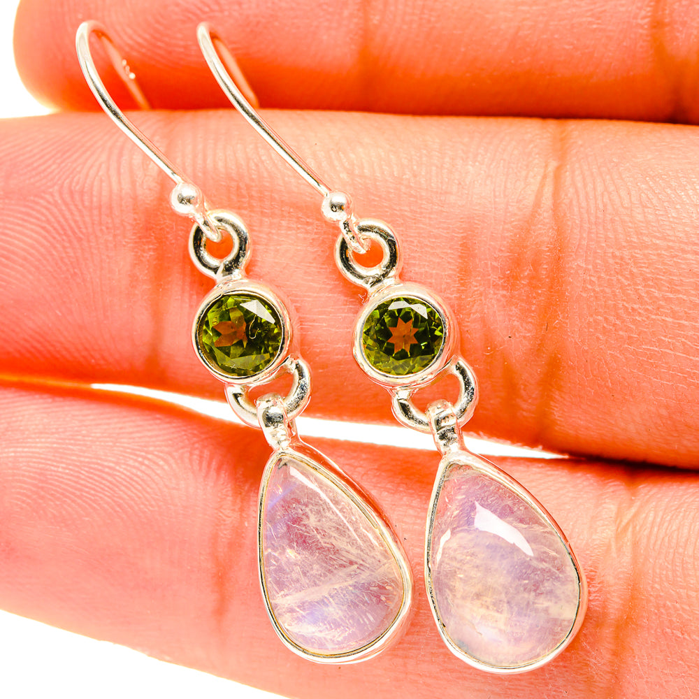 Peridot and moonstone drop earrings, green centers with pink opal teardrops in silver