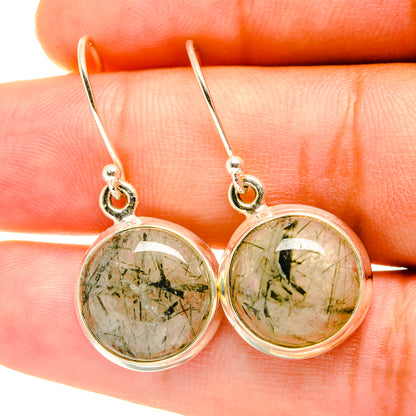 Round tourmalinated quartz drop earrings with green streaks, silver-tone hooks