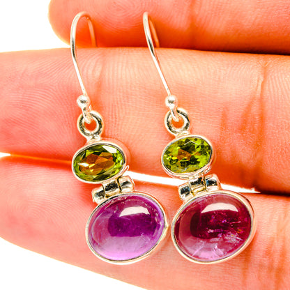 Amethyst and Peridot drop earrings with oval purple and green gemstones in silver