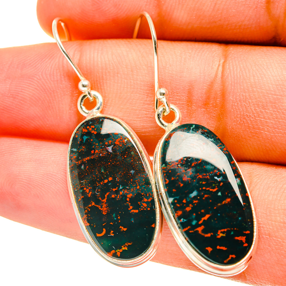 925 sterling silver oval bloodstone earrings, dark stone with green and red flecks