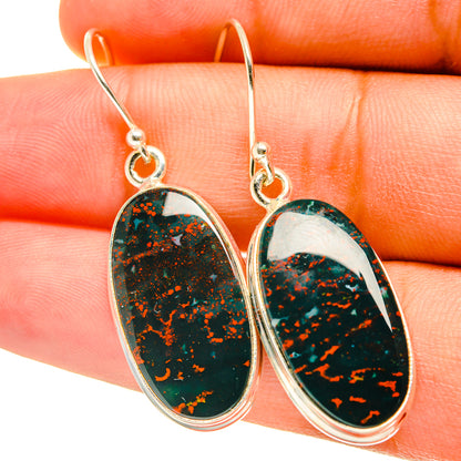 925 sterling silver oval bloodstone earrings, dark stone with green and red flecks