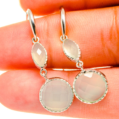 Aqua chalcedony drop earrings, oval stones and round charm, 925 sterling silver hoops