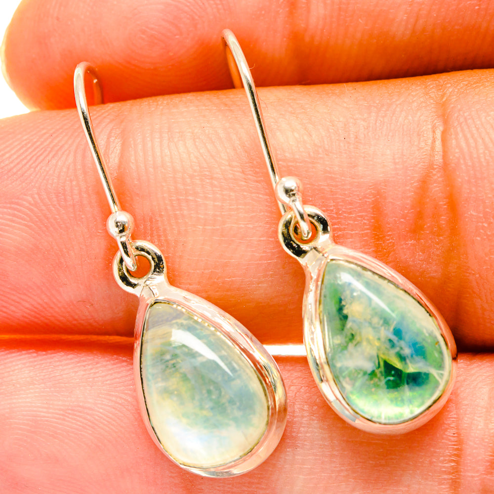 Sterling silver teardrop moonstone earrings with green-blue flash and hanging fishhook tops