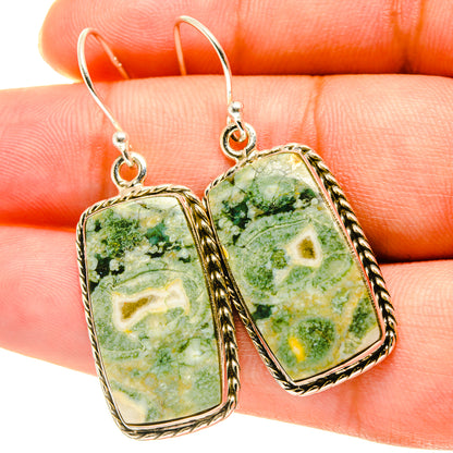 Sterling silver opal drop earrings, rectangular green stone with dangle hooks