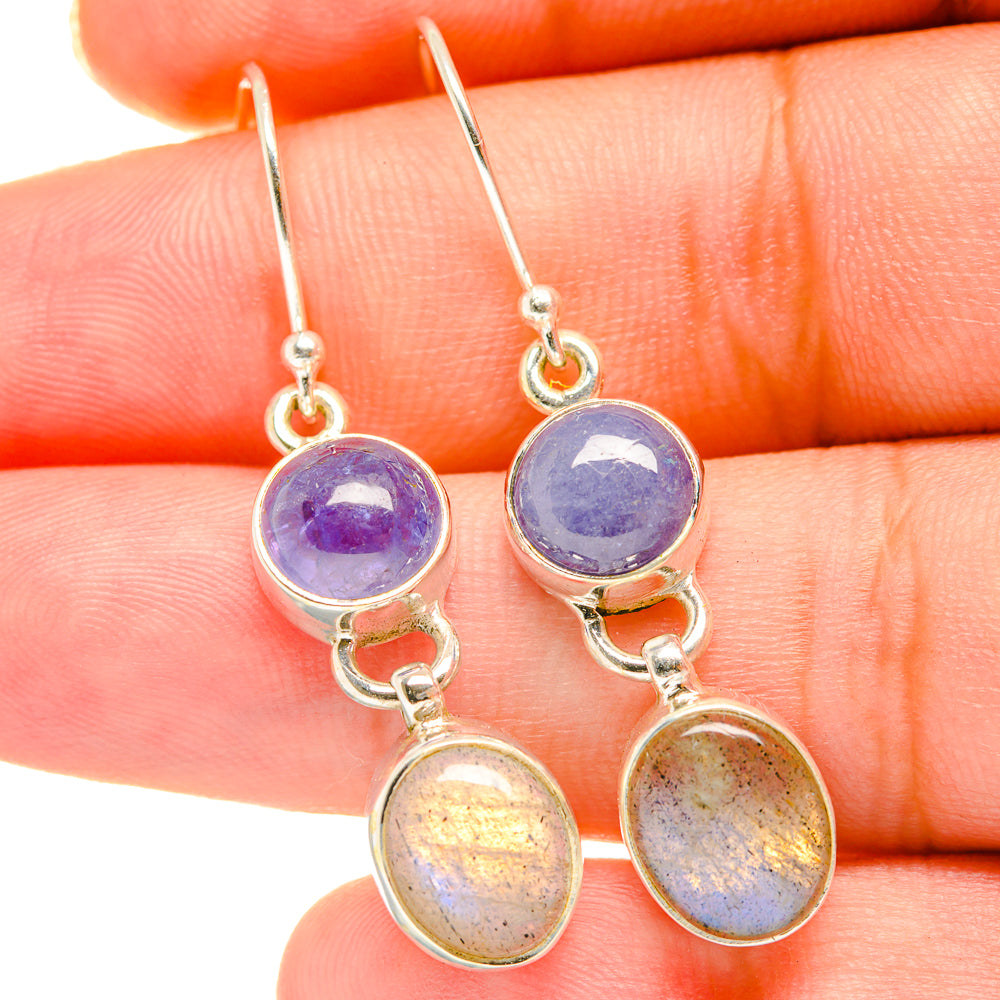 Sterling silver dangle earrings with purple round stones and pale yellow oval stones