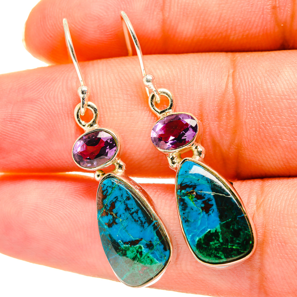 Chrysocolla and amethyst drop earrings with silver hooks and purple/blue teardrop stones