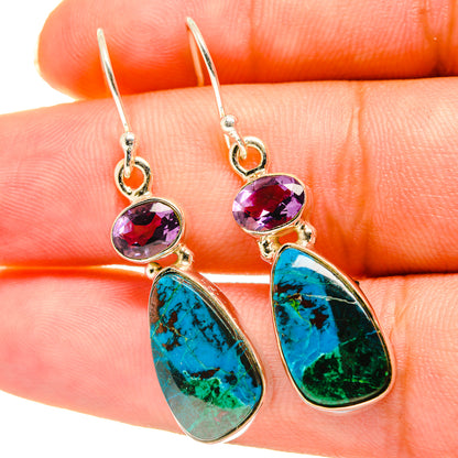 Chrysocolla and amethyst drop earrings with silver hooks and purple/blue teardrop stones