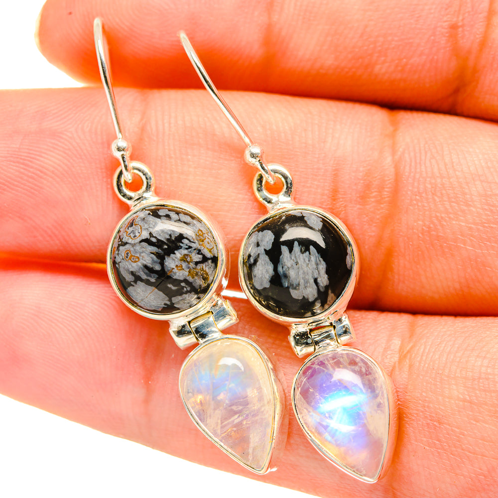 Snowflake Obsidian, Rainbow Moonstone Earrings handcrafted by Ana Silver Co - EARR417691