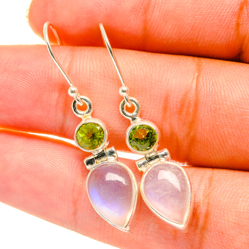 Pear-shaped moonstone and round peridot drop earrings, 925 sterling silver hooks