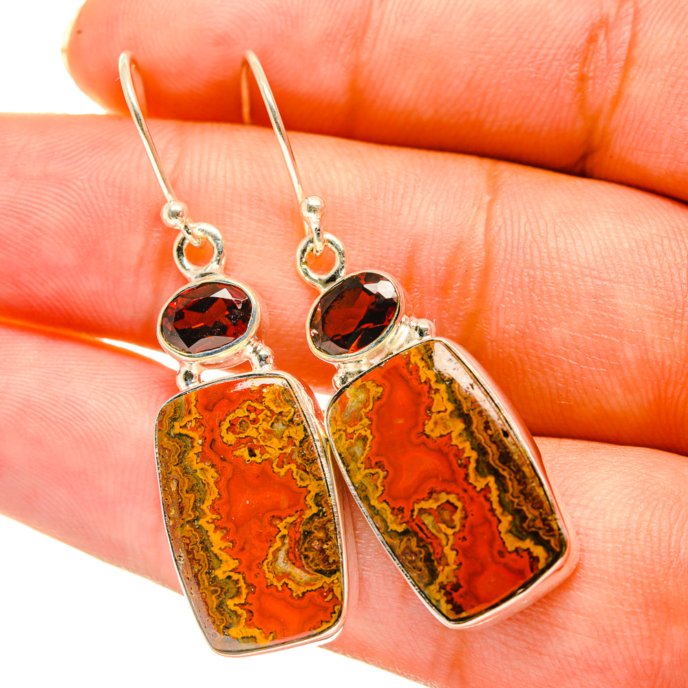 925 sterling silver drop earrings with red-orange agate slabs and dark red round accents