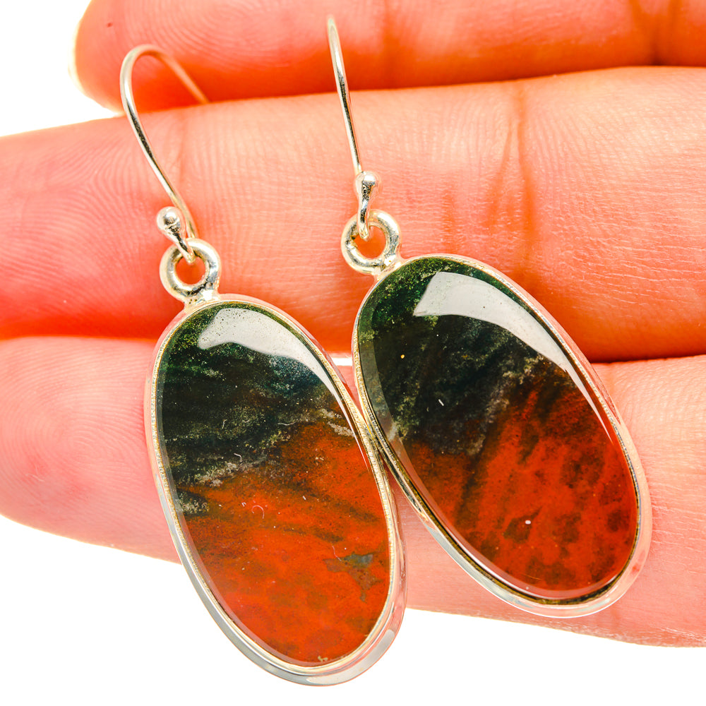 Bloodstone earrings, oval red-and-green stones in sterling silver with drop hooks