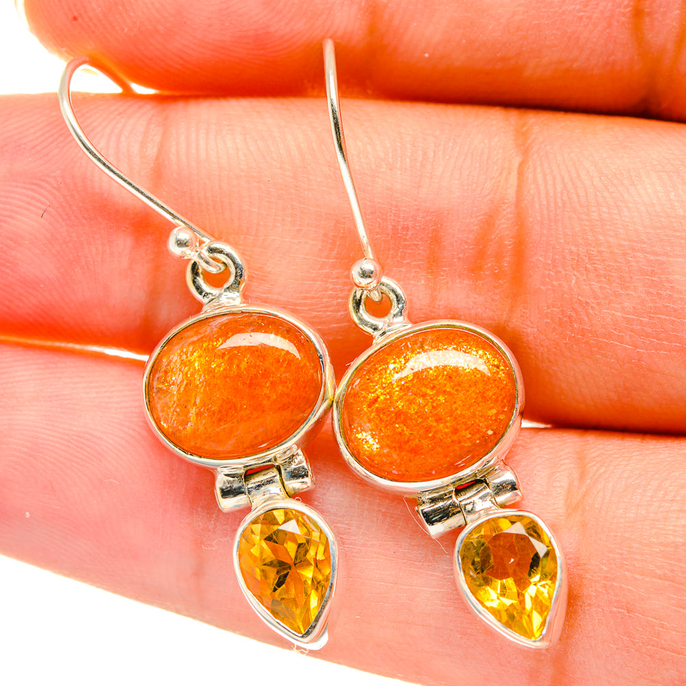Sterling silver earrings with oval orange sunstone and teardrop yellow citrine dangles