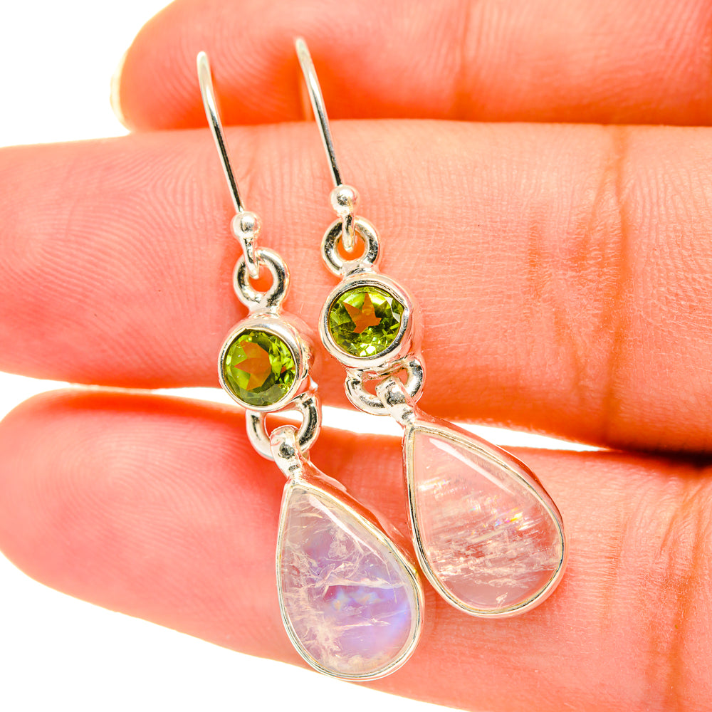 Sterling silver peridot and moonstone drop earrings, green round stones and iridescent teardrops