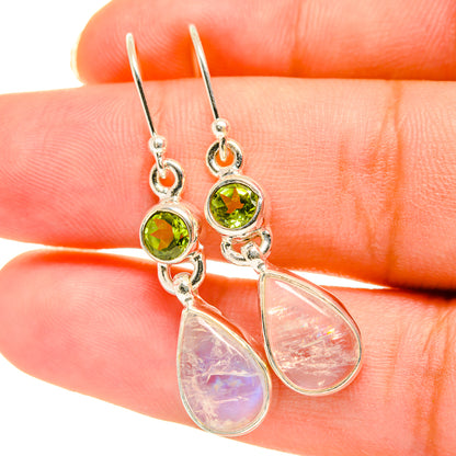 Sterling silver peridot and moonstone drop earrings, green round stones and iridescent teardrops