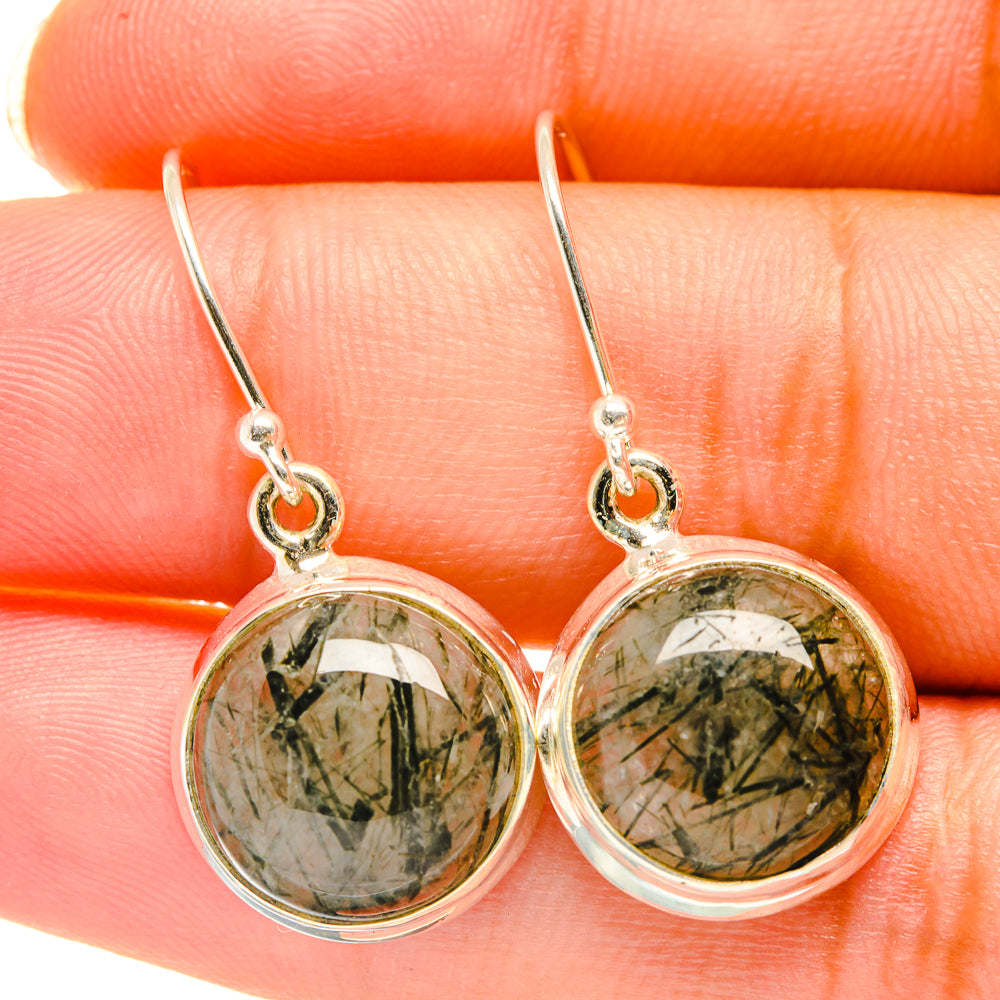 Tourmalinated quartz drop earrings, round green stone in silver-tone bezel, hook backs