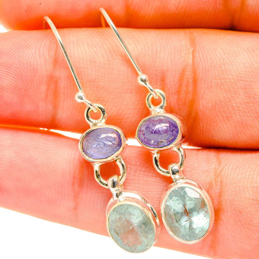 Sterling silver-tone earrings, round purple top and oval aqua bottom stones
