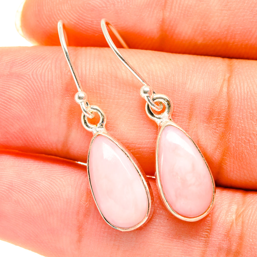Pink opal teardrop drop earrings in 925 sterling silver, close-up of stones and hooks