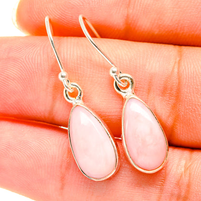 Pink opal teardrop drop earrings in 925 sterling silver, close-up of stones and hooks