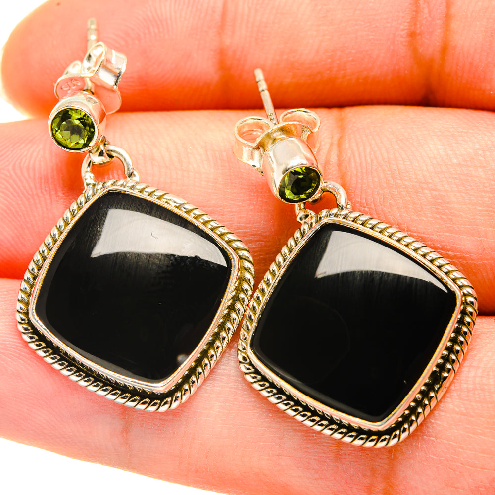 Black square onyx drop earrings with green accents, rope-edged gold-tone bezel