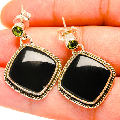 Black square onyx drop earrings with green accents, rope-edged gold-tone bezel