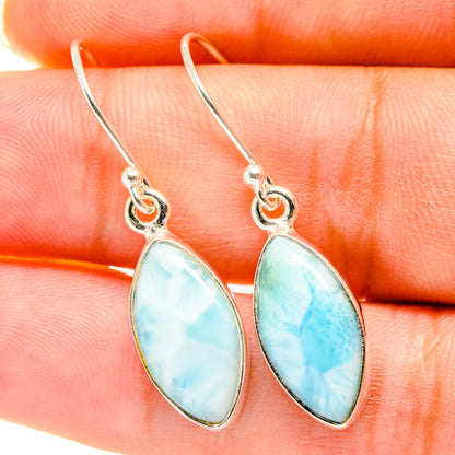 Blue Larimar teardrop earrings in 925 sterling silver, close-up on fishhook hooks