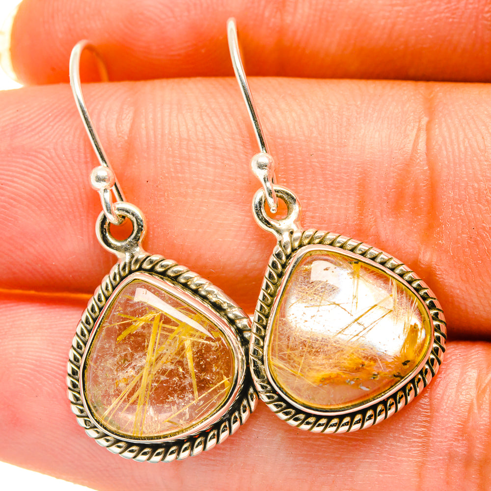 Oval rutilated quartz drop earrings with rope-edge bezels and silver hooks